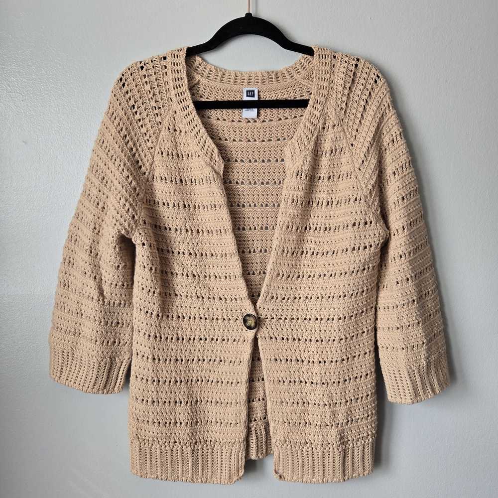 Gap Crochet Knit Pointelle Cardigan Tan Beige Single Button 3/4 Sleeve Boho